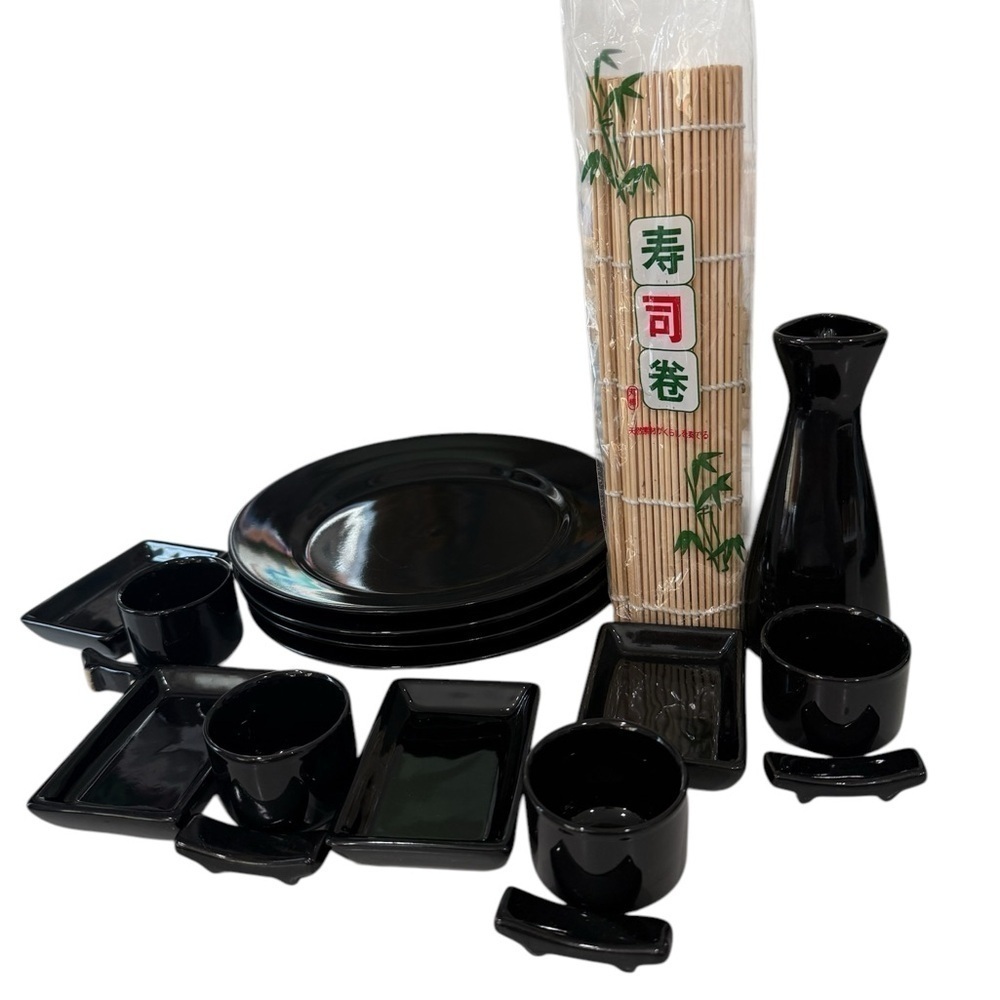 Sake and Sushi Set Plates, Carafe, cups chopstick holders sushi plates serves 4